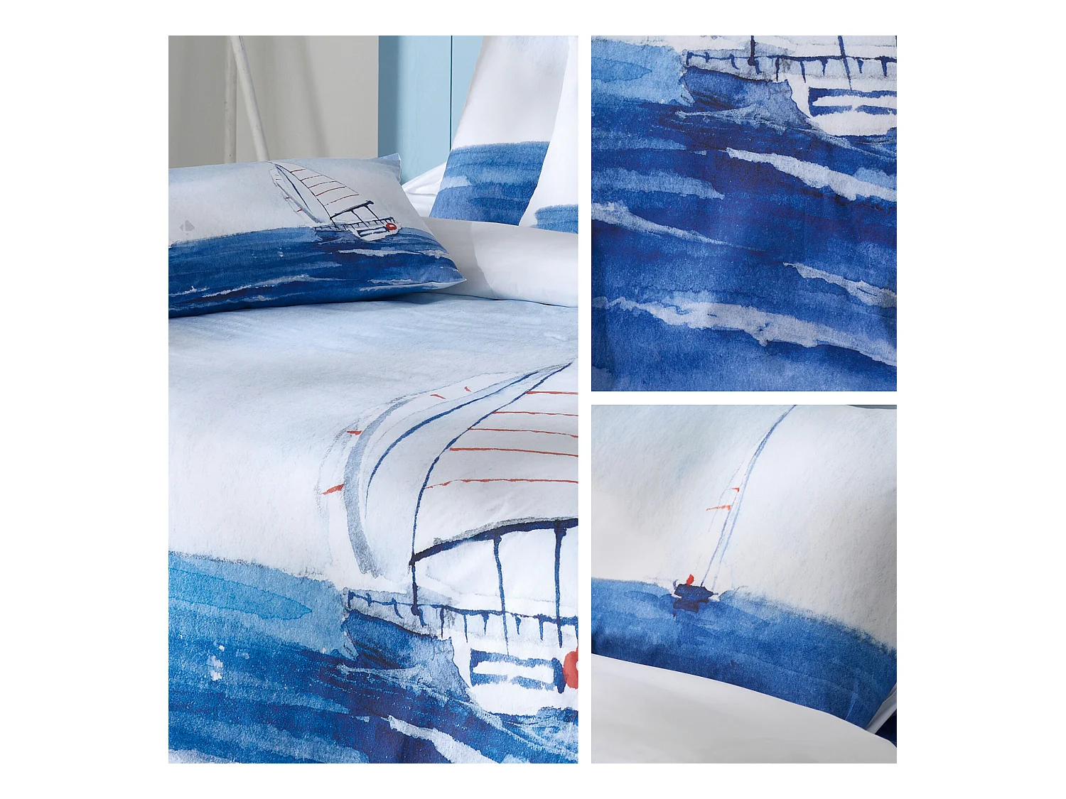 Parure de lit 260x240 cm 50x70 cm percale REGATE bleu 3 pièces