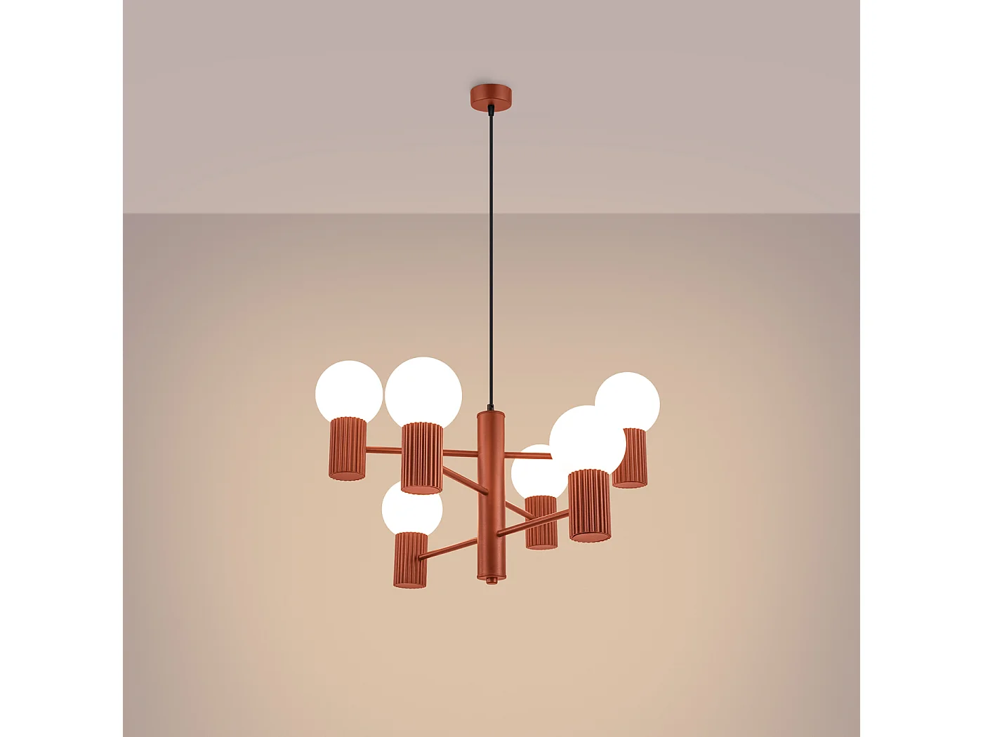 Lustre Halo Moderne En Aluminium - 6 Sources Lumineuses - L.64 X H.230 Cm - Ocre Rouge
