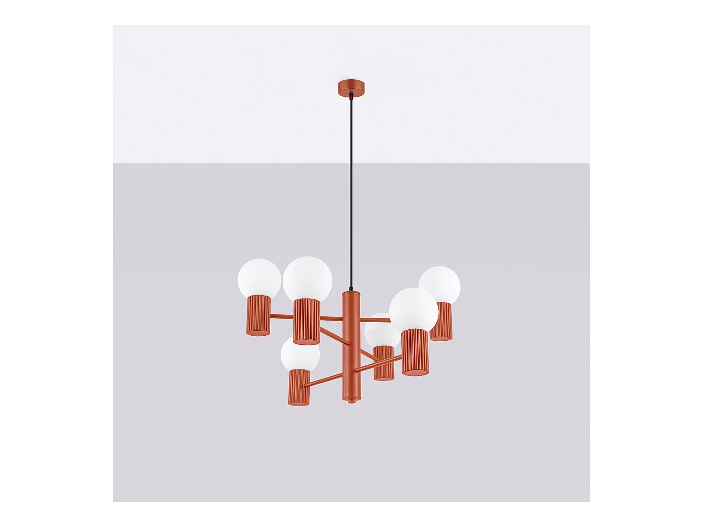 Lustre Halo Moderne En Aluminium - 6 Sources Lumineuses - L.64 X H.230 Cm - Ocre Rouge