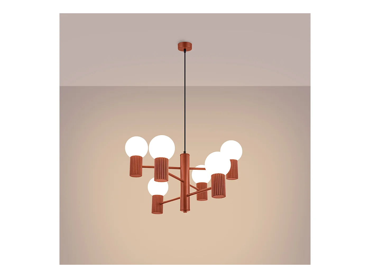 Lustre Halo Moderne En Aluminium - 6 Sources Lumineuses - L.64 X H.230 Cm - Ocre Rouge