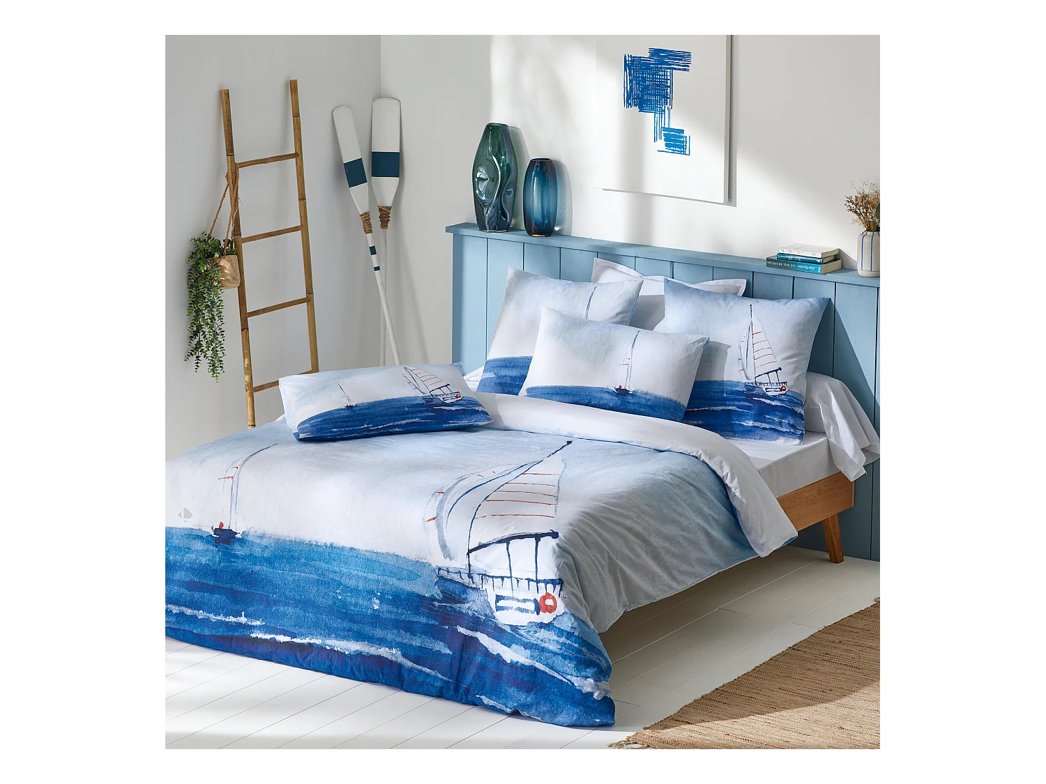 Parure de lit 140x200 cm 50X70 cm percale REGATE bleu 2 pièces