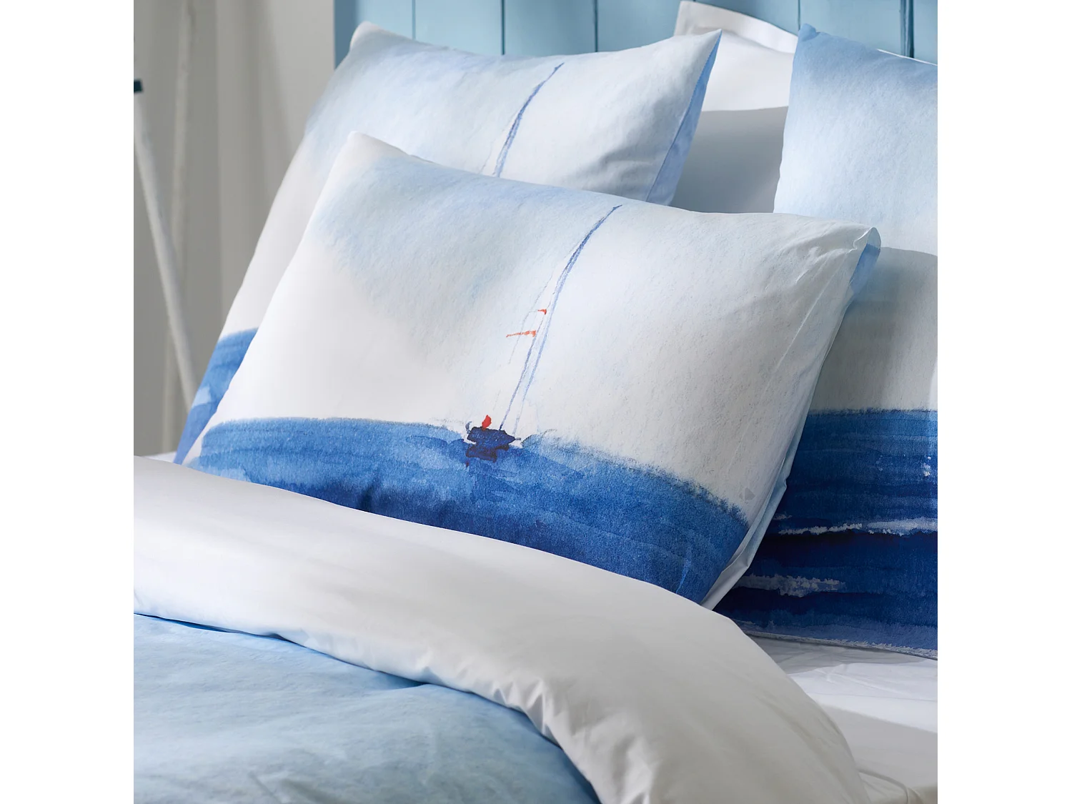 Parure de lit 140x200 cm 50X70 cm percale REGATE bleu 2 pièces