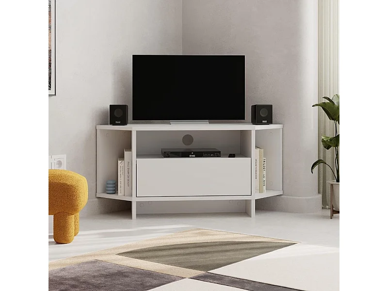 Porta TV angolare Viva colore bianco 95.7x35.4x45.3H – Design Funzionale per spazi intelligenti