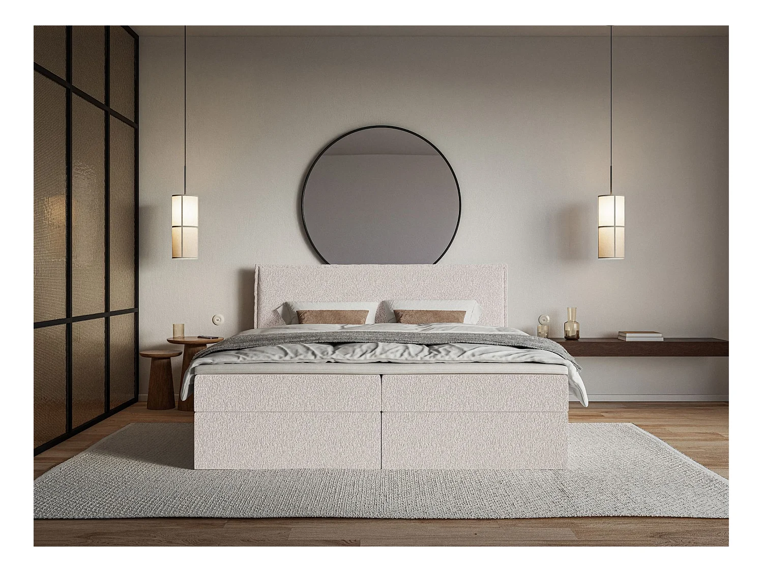 Lit boxspring 160x200 avec surmatelas – en tissu chenille – beige – SOFTIE