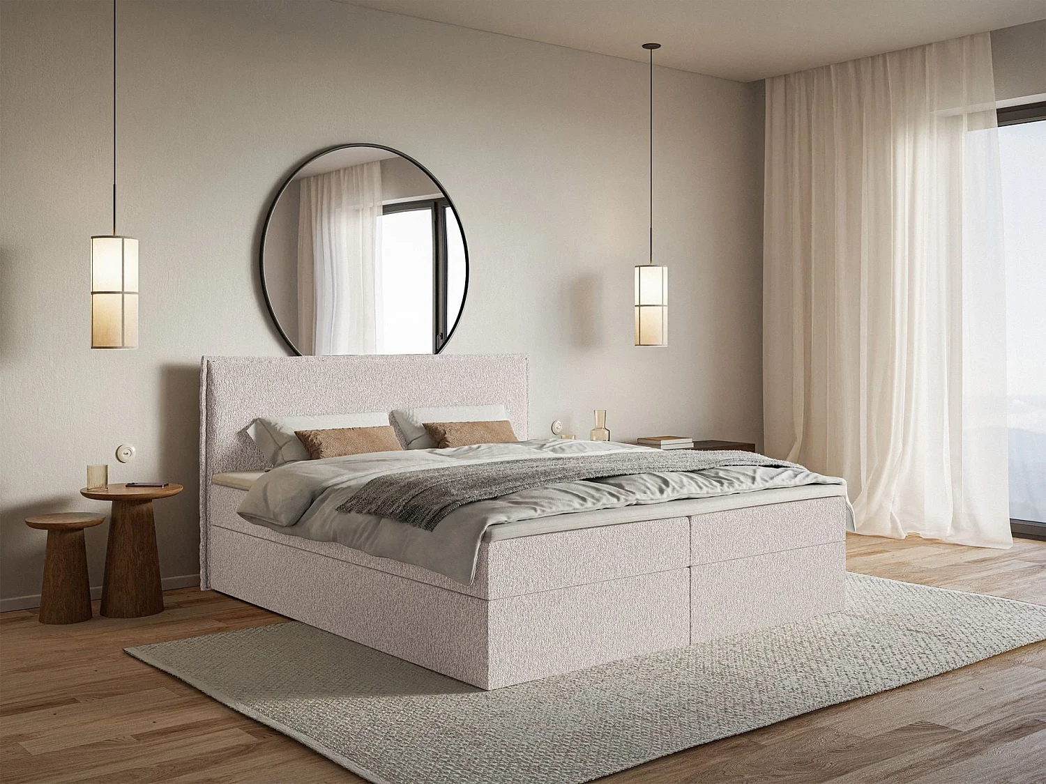Lit boxspring 160x200 avec surmatelas – en tissu chenille – beige – SOFTIE