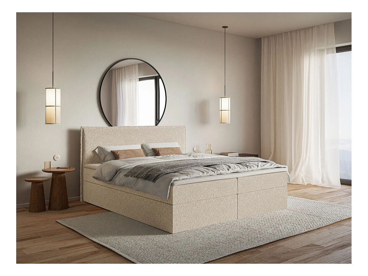 Boxspringbed 140x200 cm met topper en opbergruimte – chenille – lichtbeige – SOFTIE