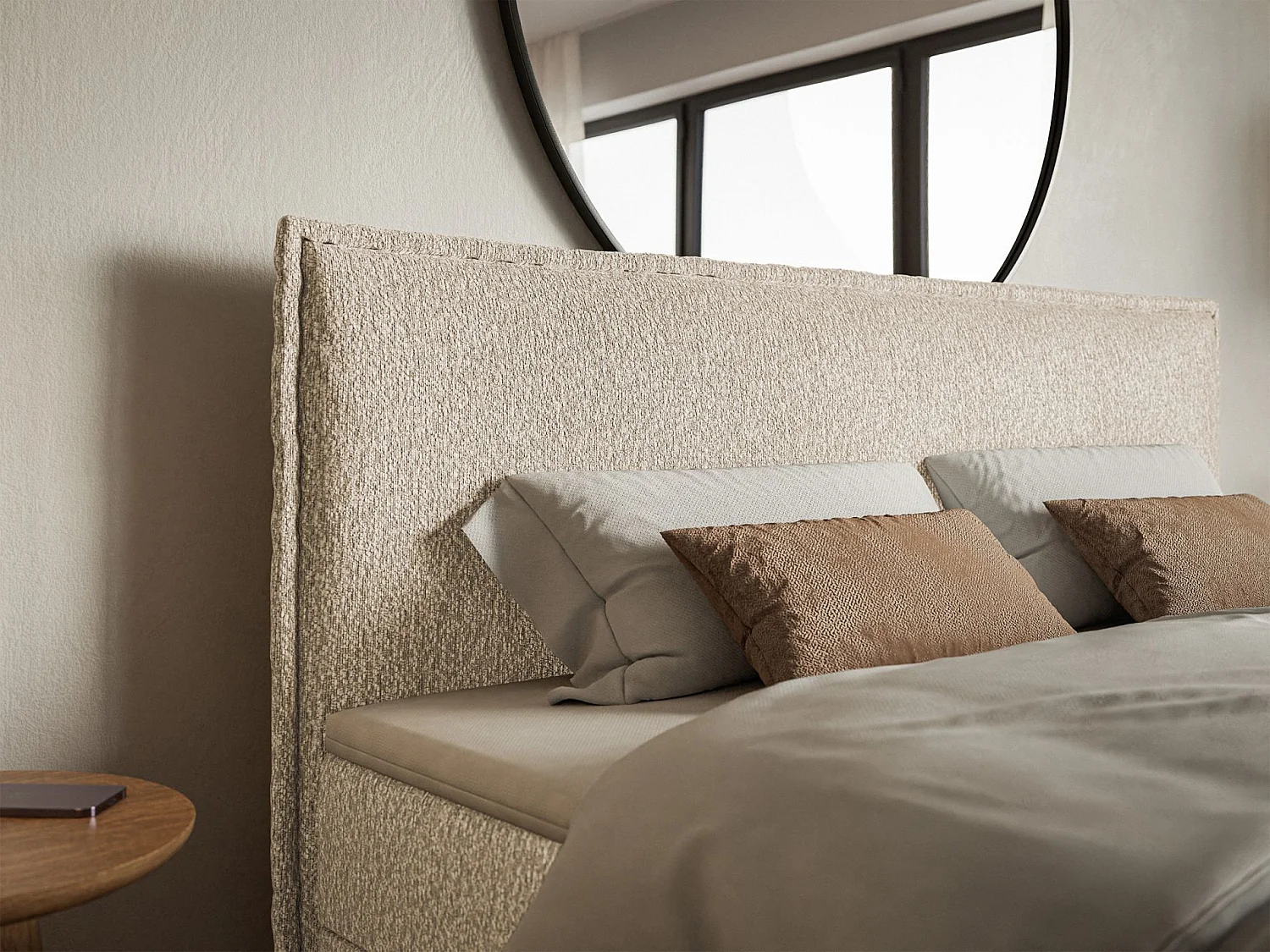 Lit boxspring 140x200 avec surmatelas – en tissu chenille – beige clair – SOFTIE