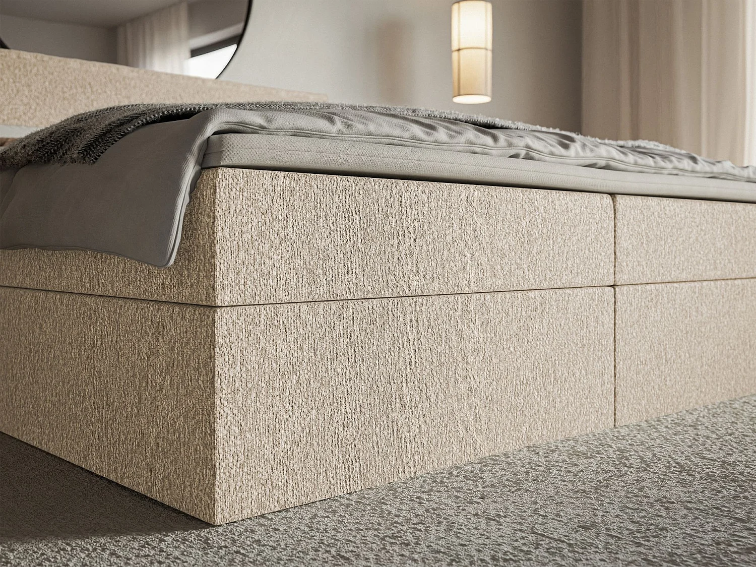 Lit boxspring 140x200 avec surmatelas – en tissu chenille – beige clair – SOFTIE