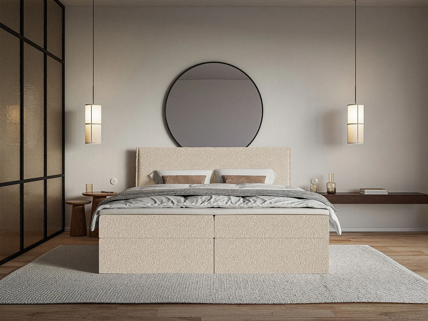Lit boxspring 180x200 avec surmatelas – en tissu chenille – beige clair – SOFTIE