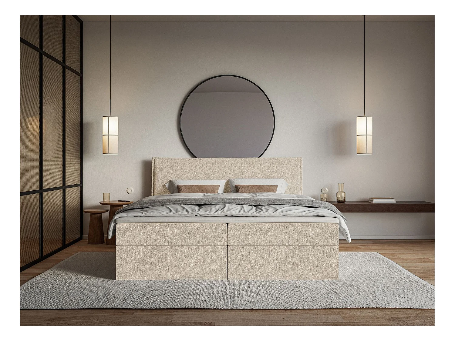 Lit boxspring 160x200 avec surmatelas – en tissu chenille – beige clair – SOFTIE