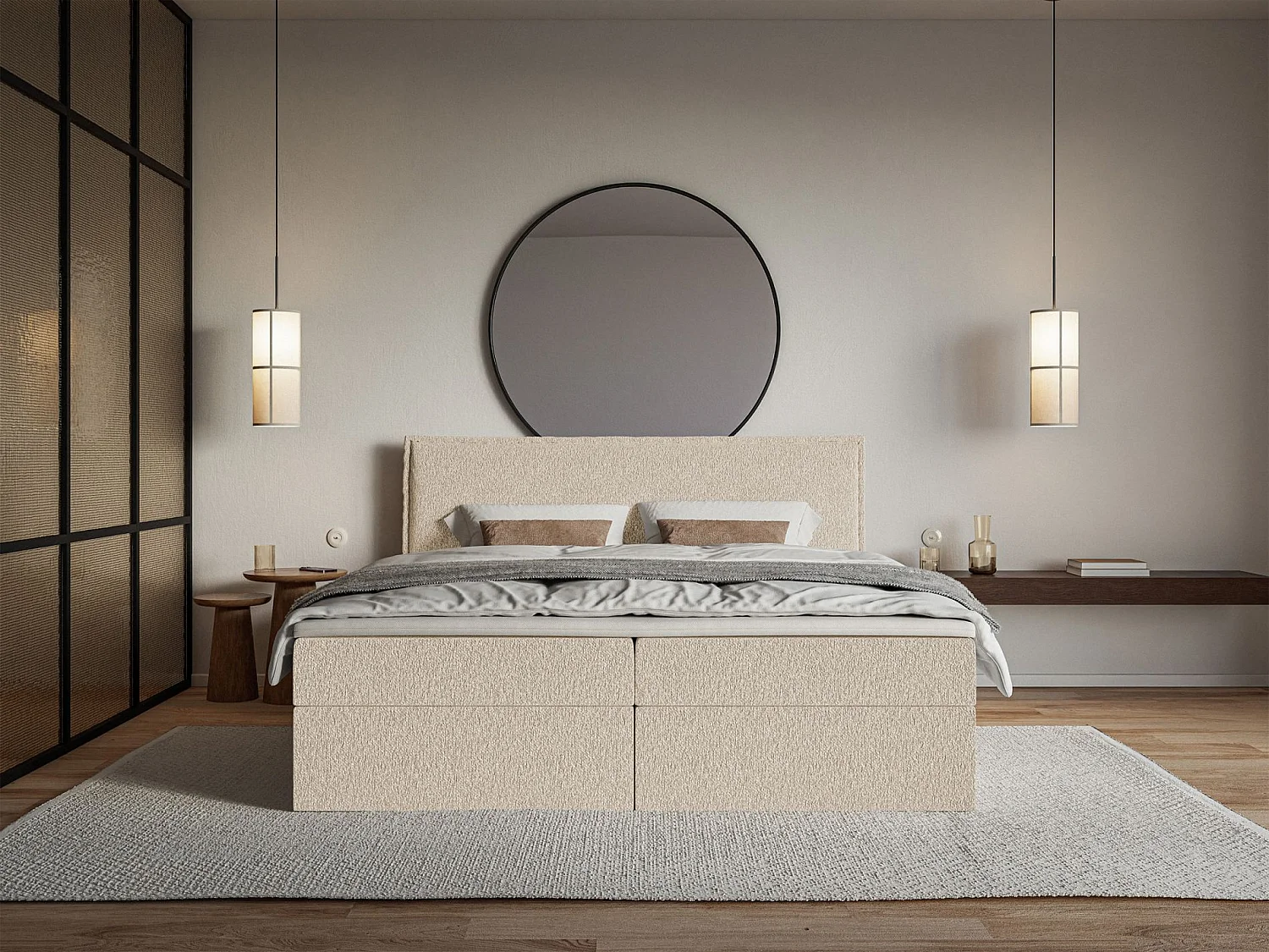 Lit boxspring 160x200 avec surmatelas – en tissu chenille – beige clair – SOFTIE