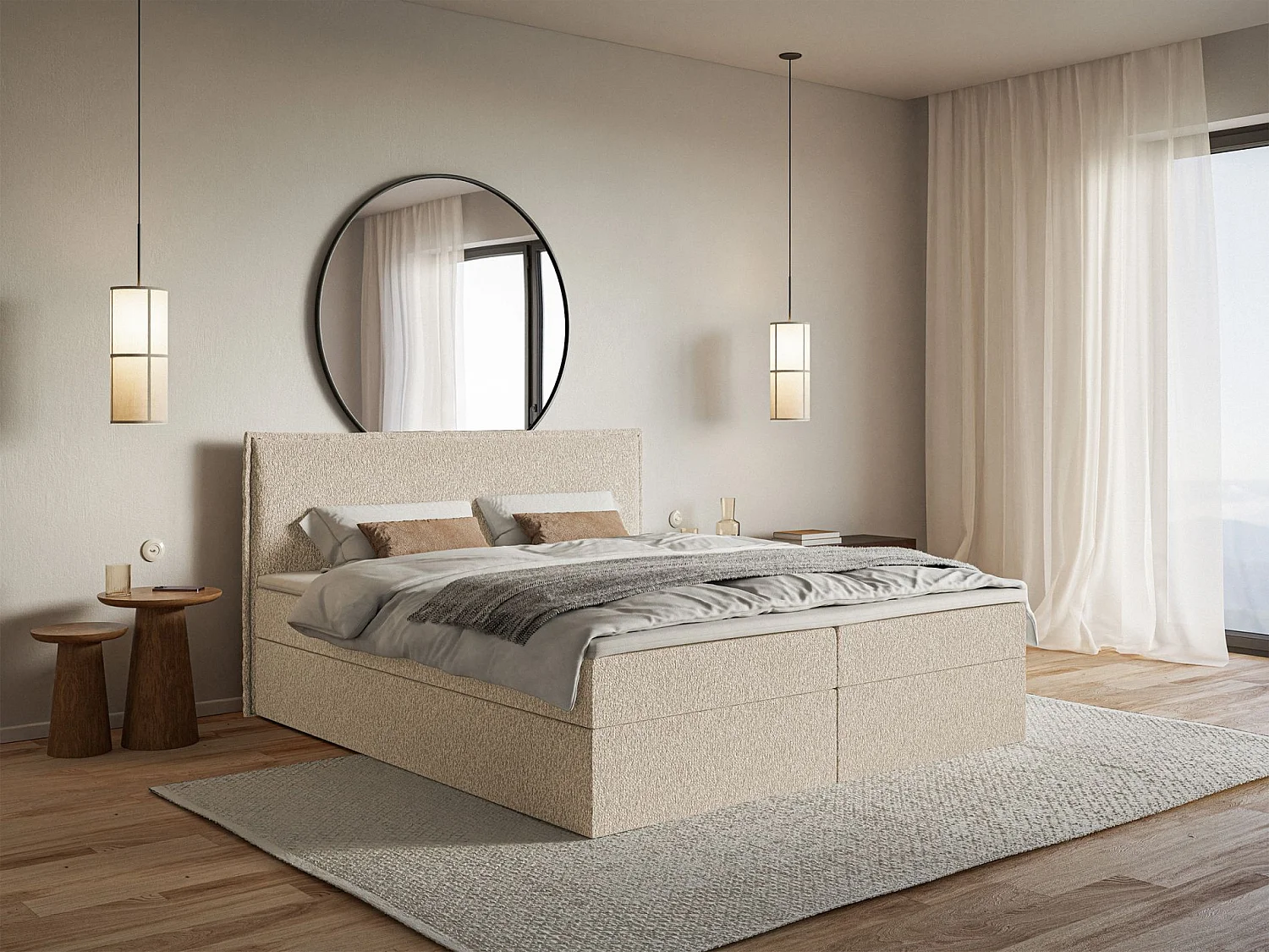 Lit boxspring 160x200 avec surmatelas – en tissu chenille – beige clair – SOFTIE