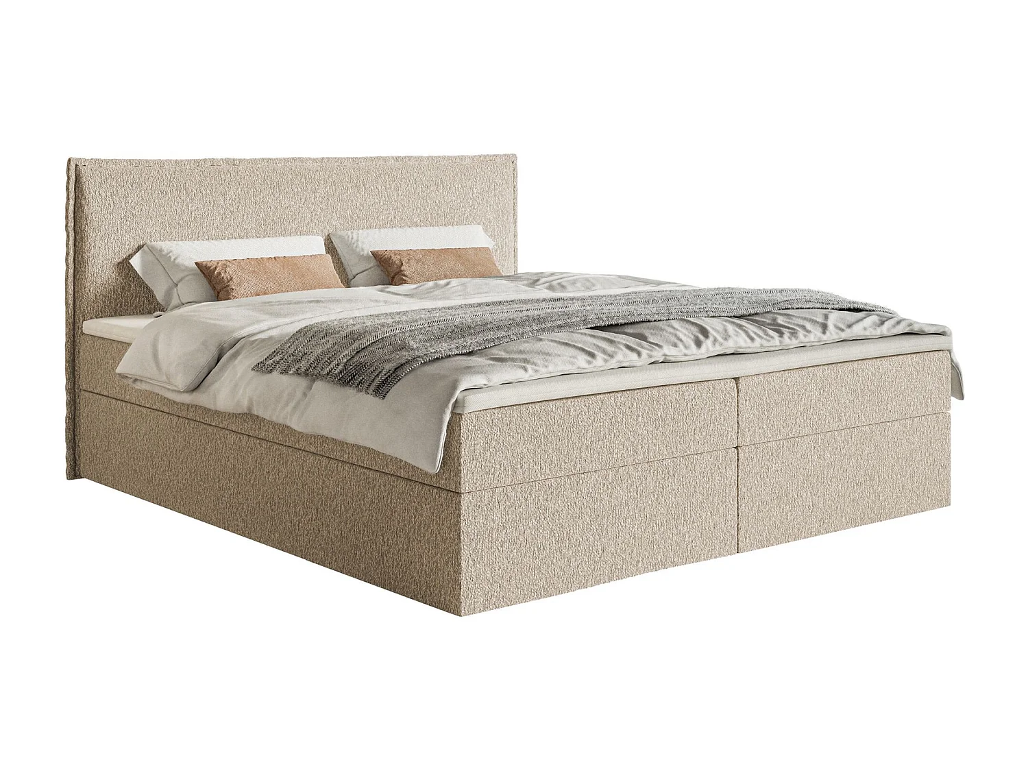 Lit boxspring 160x200 avec surmatelas – en tissu chenille – beige clair – SOFTIE