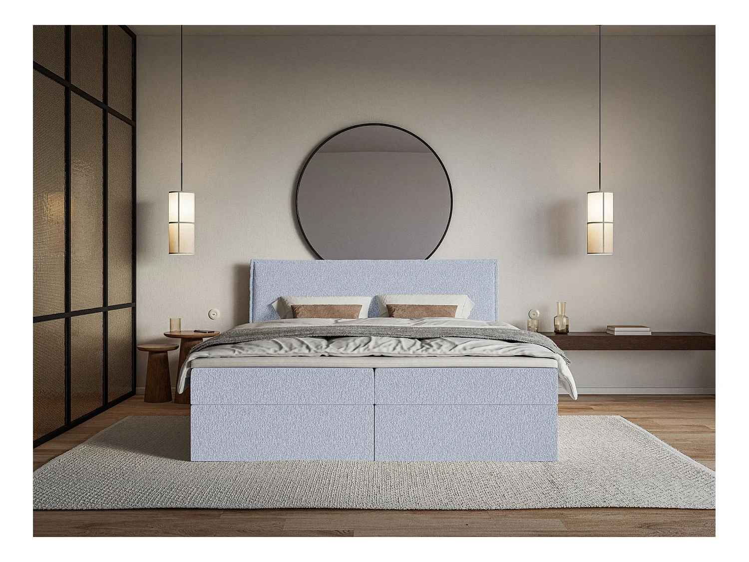 Lit boxspring 160x200 avec surmatelas – en tissu chenille – bleu ciel – SOFTIE