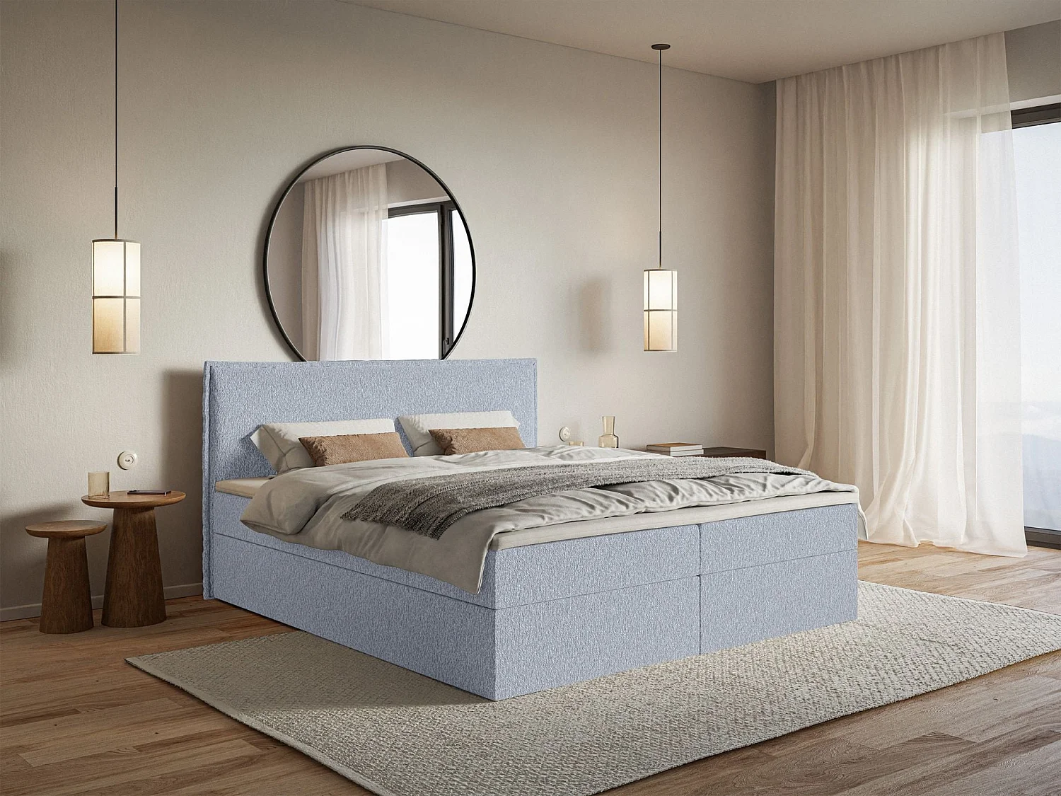 Lit boxspring 160x200 avec surmatelas – en tissu chenille – bleu ciel – SOFTIE