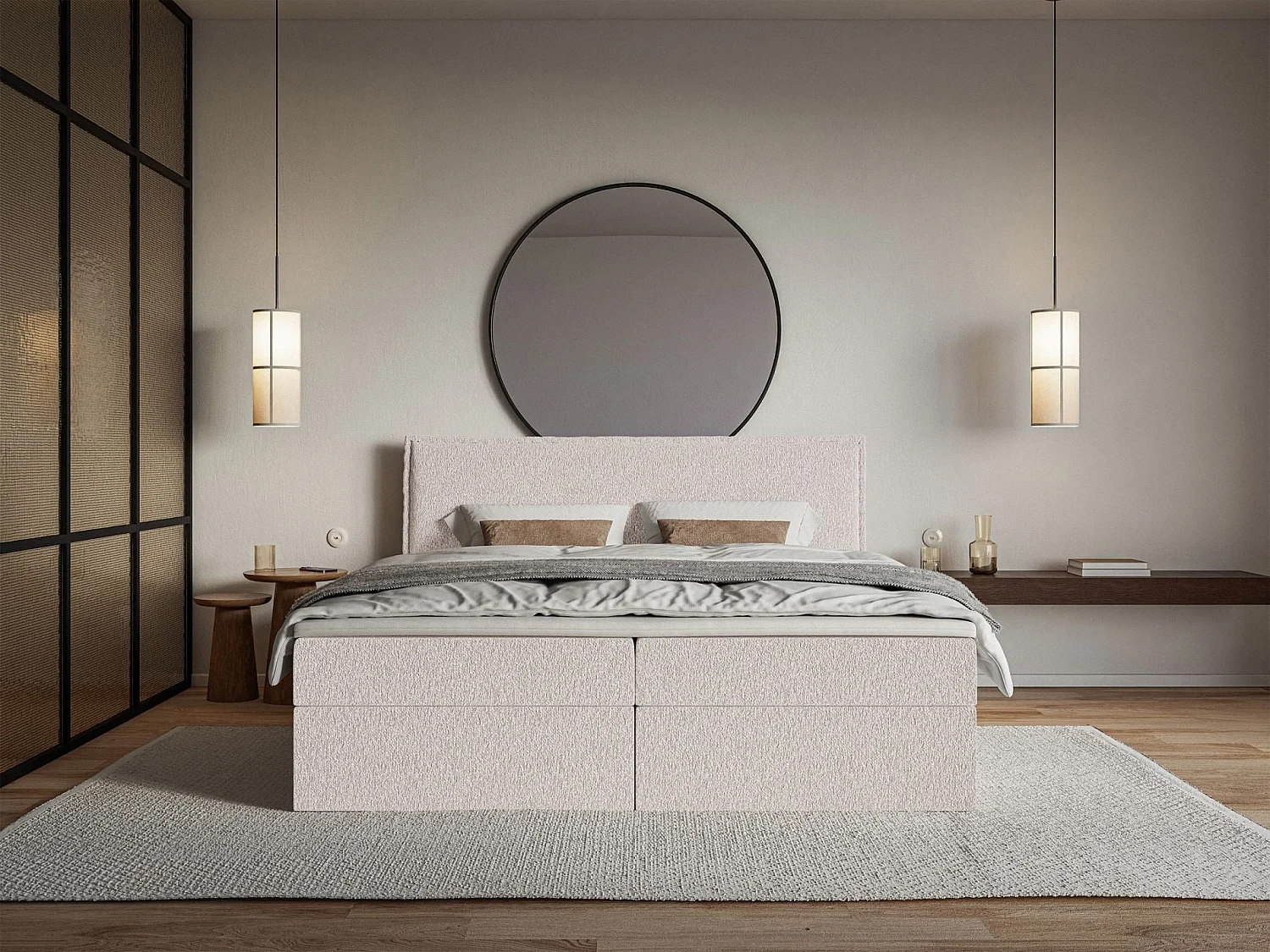 Lit boxspring 140x200 avec surmatelas – en tissu chenille – beige – SOFTIE