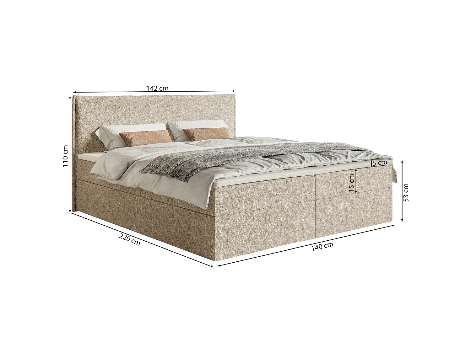 Lit boxspring 140x200 avec surmatelas – en tissu chenille – beige – SOFTIE