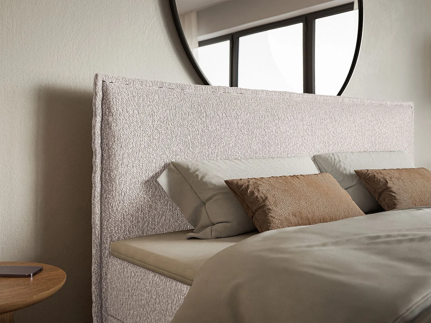 Lit boxspring 140x200 avec surmatelas – en tissu chenille – beige – SOFTIE