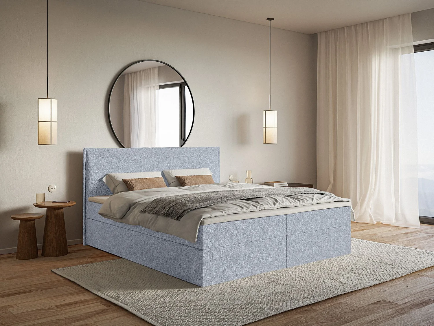 Lit boxspring 140x200 avec surmatelas – en tissu chenille – bleu ciel – SOFTIE