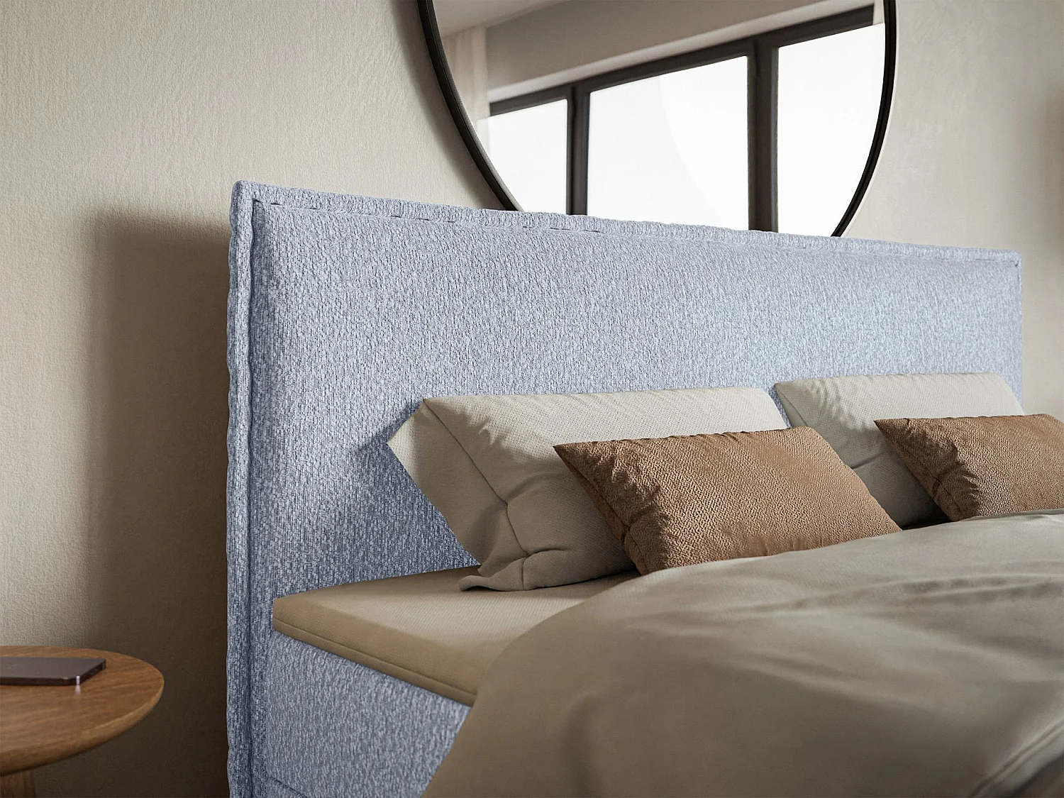 Lit boxspring 140x200 avec surmatelas – en tissu chenille – bleu ciel – SOFTIE