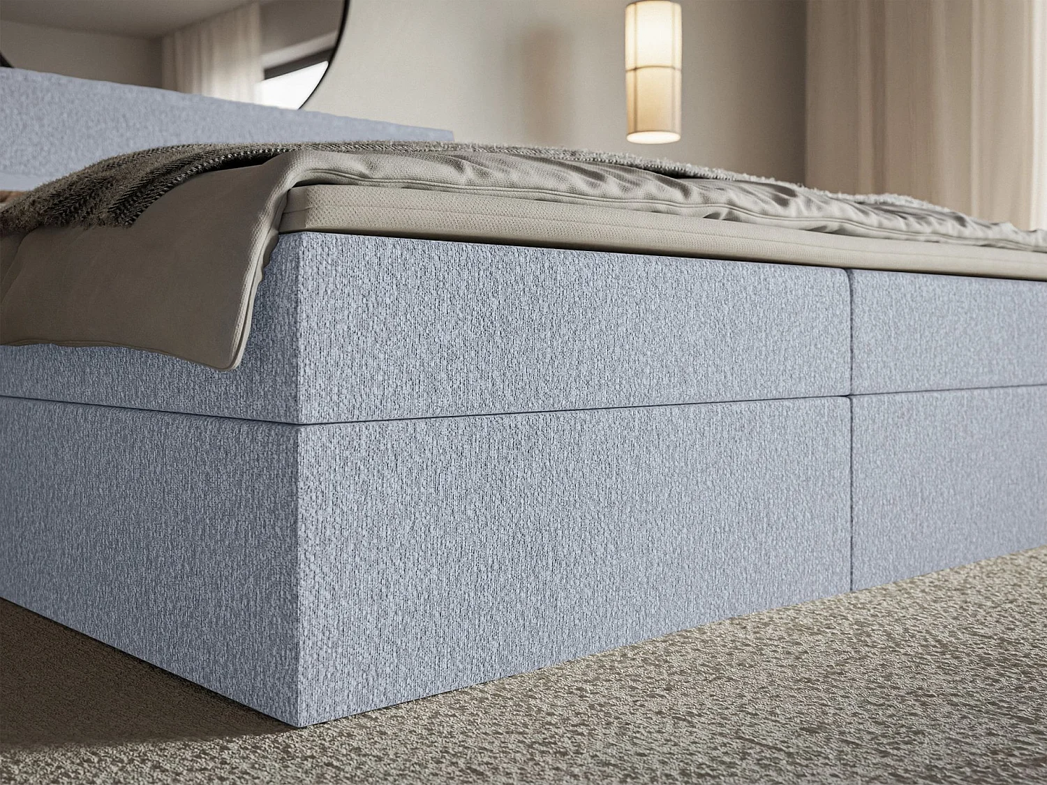 Lit boxspring 140x200 avec surmatelas – en tissu chenille – bleu ciel – SOFTIE
