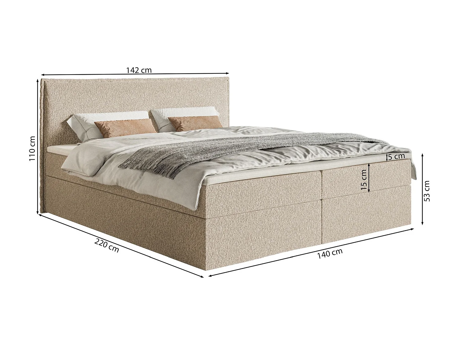 Lit boxspring 140x200 avec surmatelas – en tissu chenille – beige foncé – SOFTIE