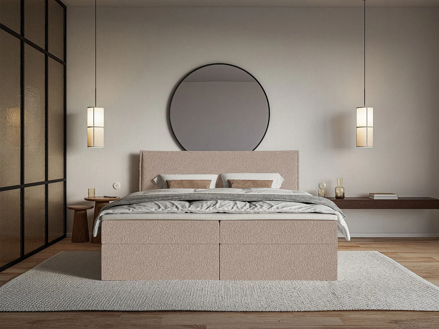 Lit boxspring 140x200 avec surmatelas – en tissu chenille – beige foncé – SOFTIE
