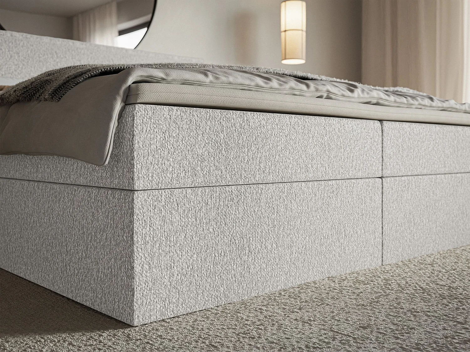 Lit boxspring 180x200 avec surmatelas – en tissu chenille – gris clair – SOFTIE