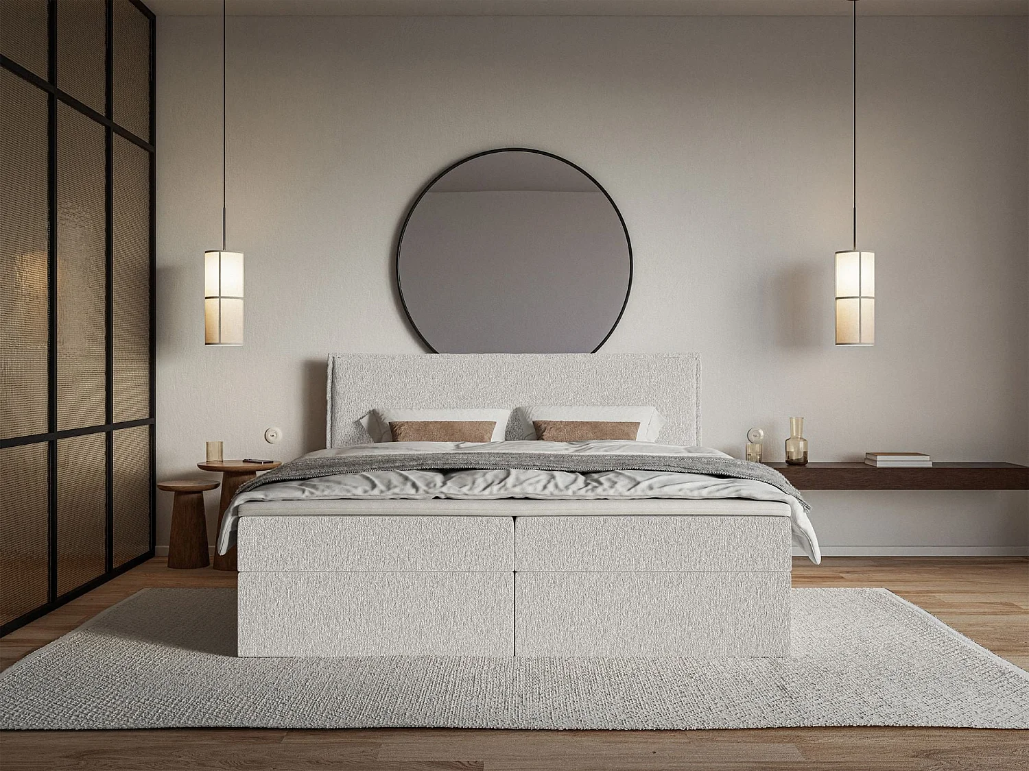 Lit boxspring 180x200 avec surmatelas – en tissu chenille – gris clair – SOFTIE