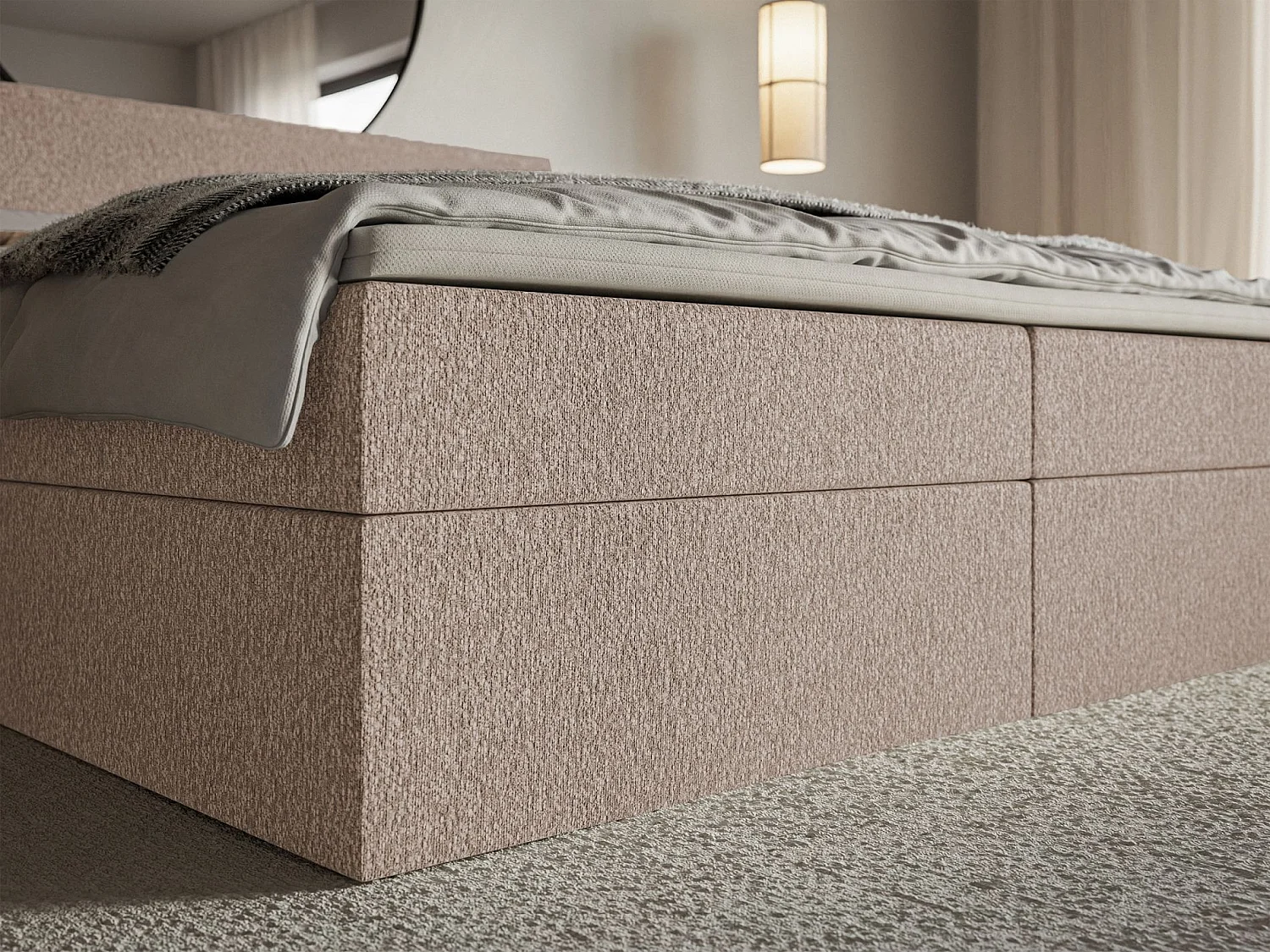 Lit boxspring 180x200 avec surmatelas – en tissu chenille – beige foncé – SOFTIE