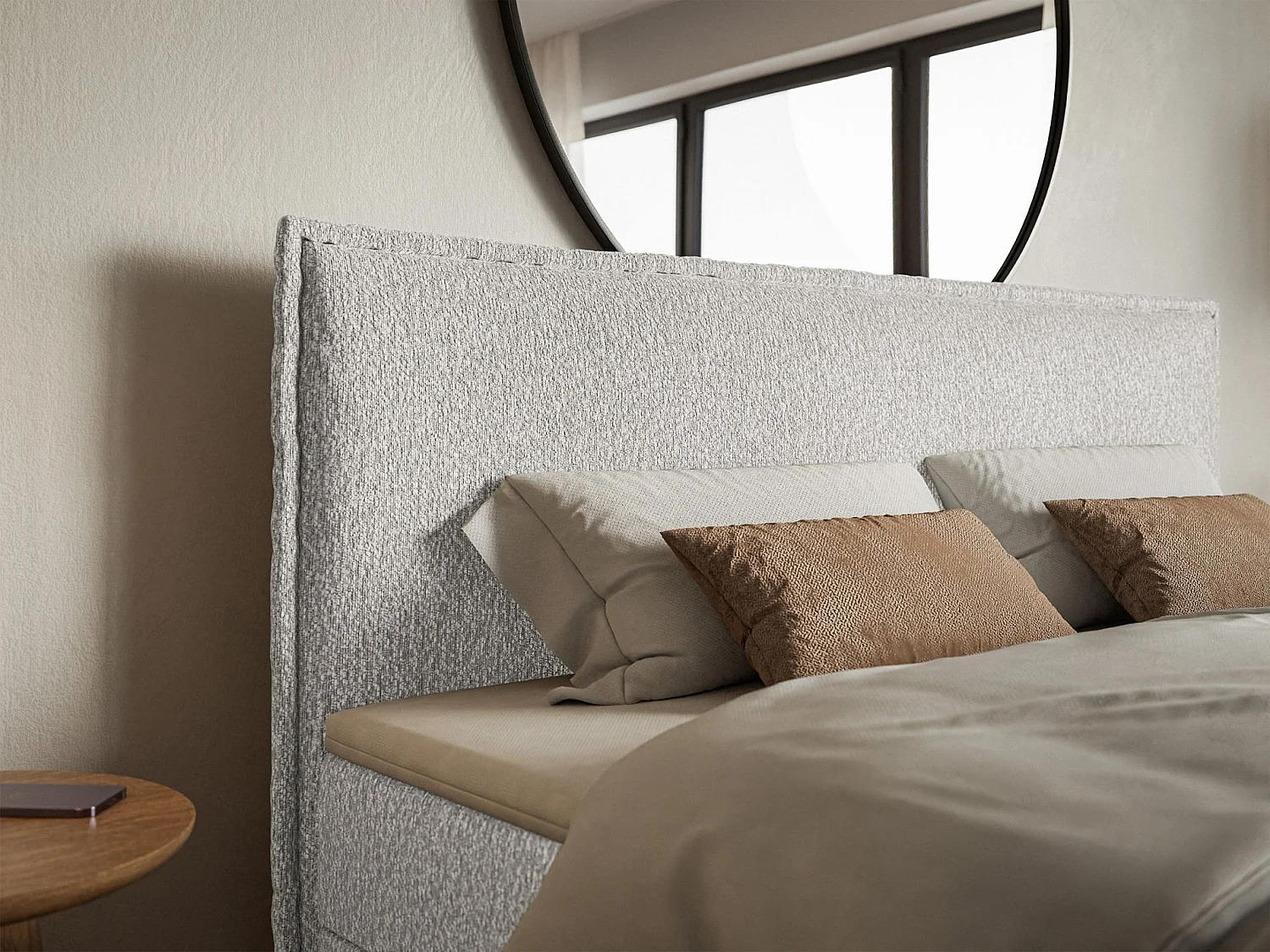 Lit boxspring 140x200 avec surmatelas – en tissu chenille – gris clair – SOFTIE