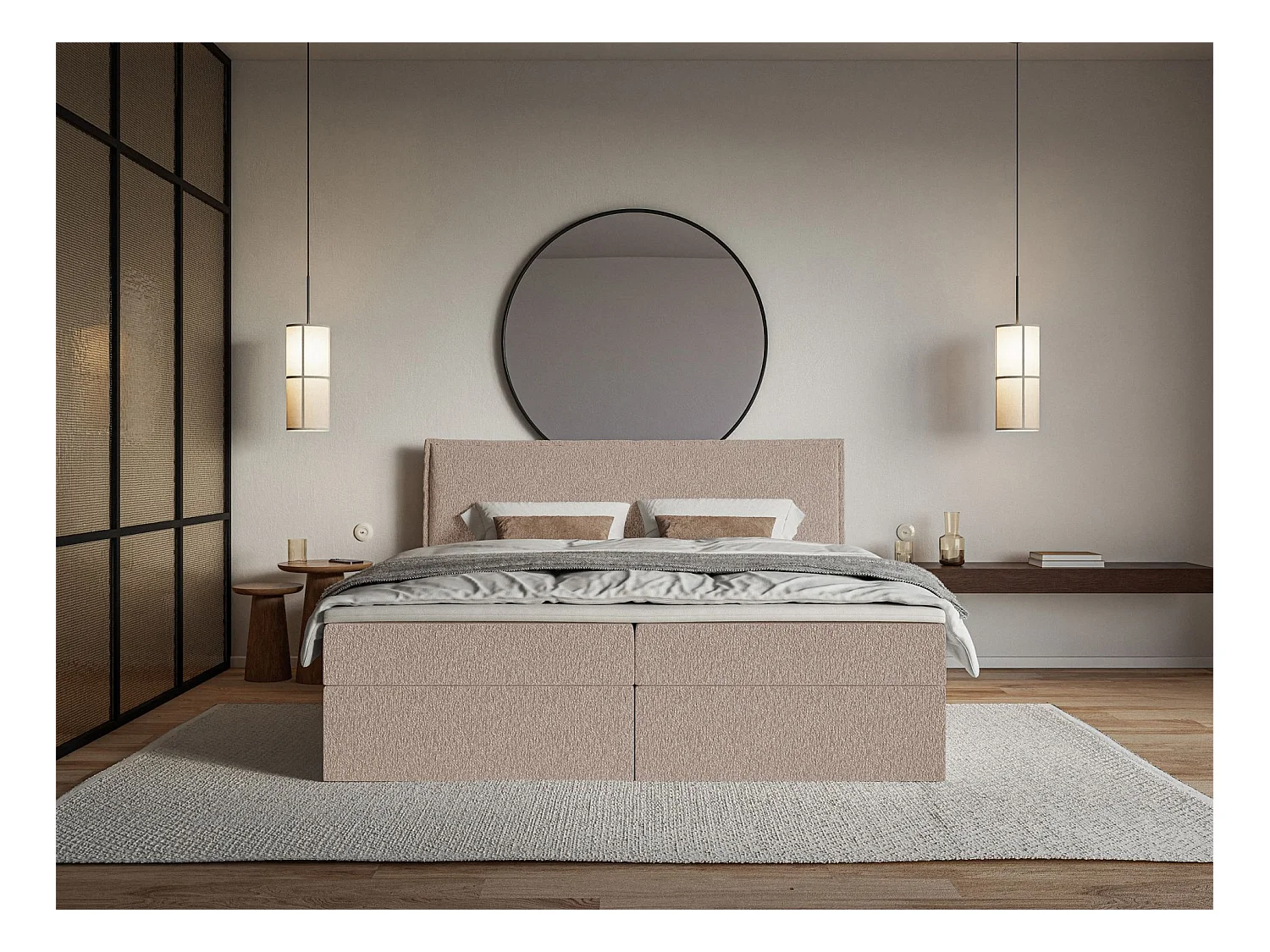 Lit boxspring 160x200 avec surmatelas – en tissu chenille – beige foncé – SOFTIE