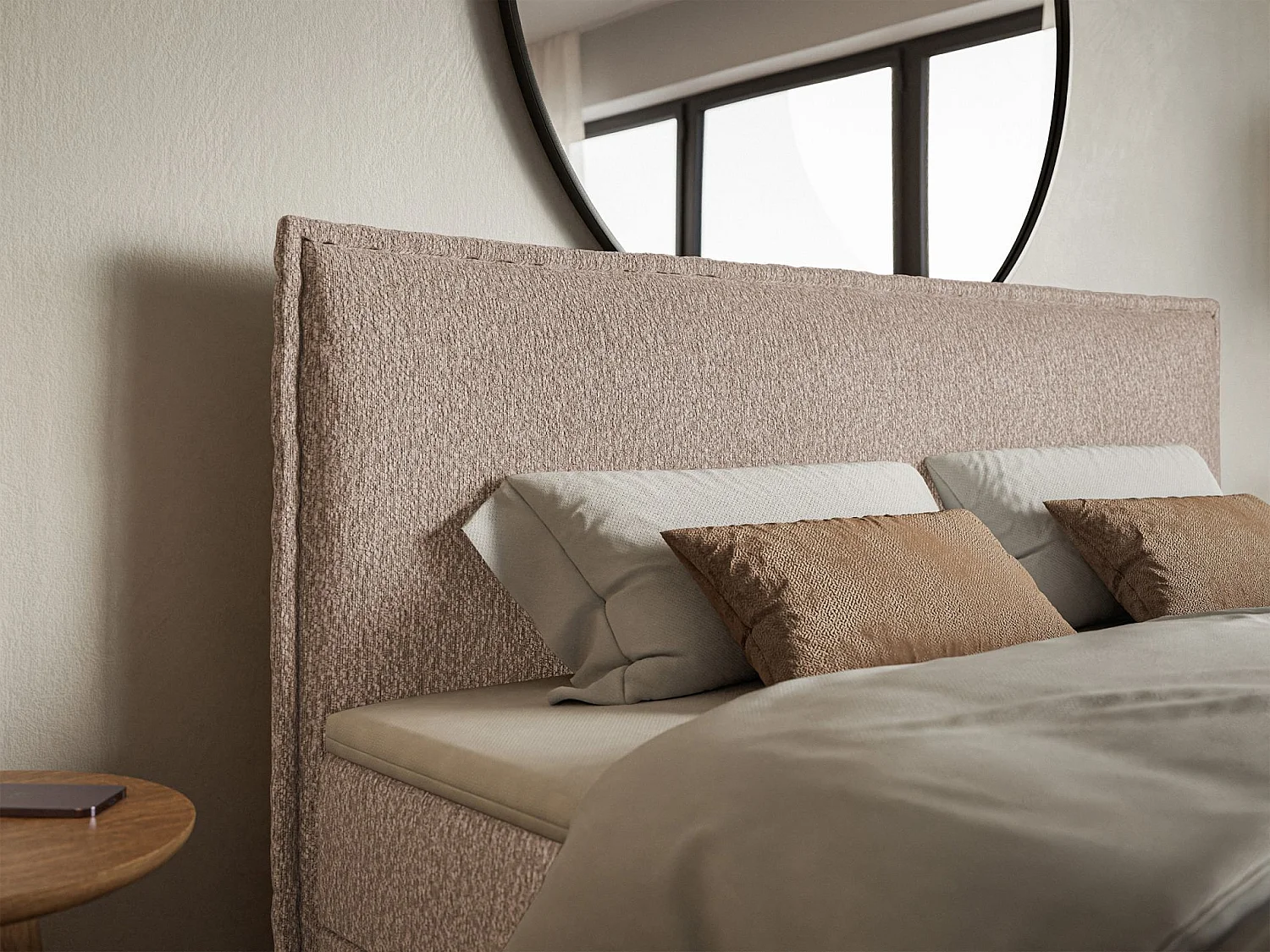 Lit boxspring 160x200 avec surmatelas – en tissu chenille – beige foncé – SOFTIE