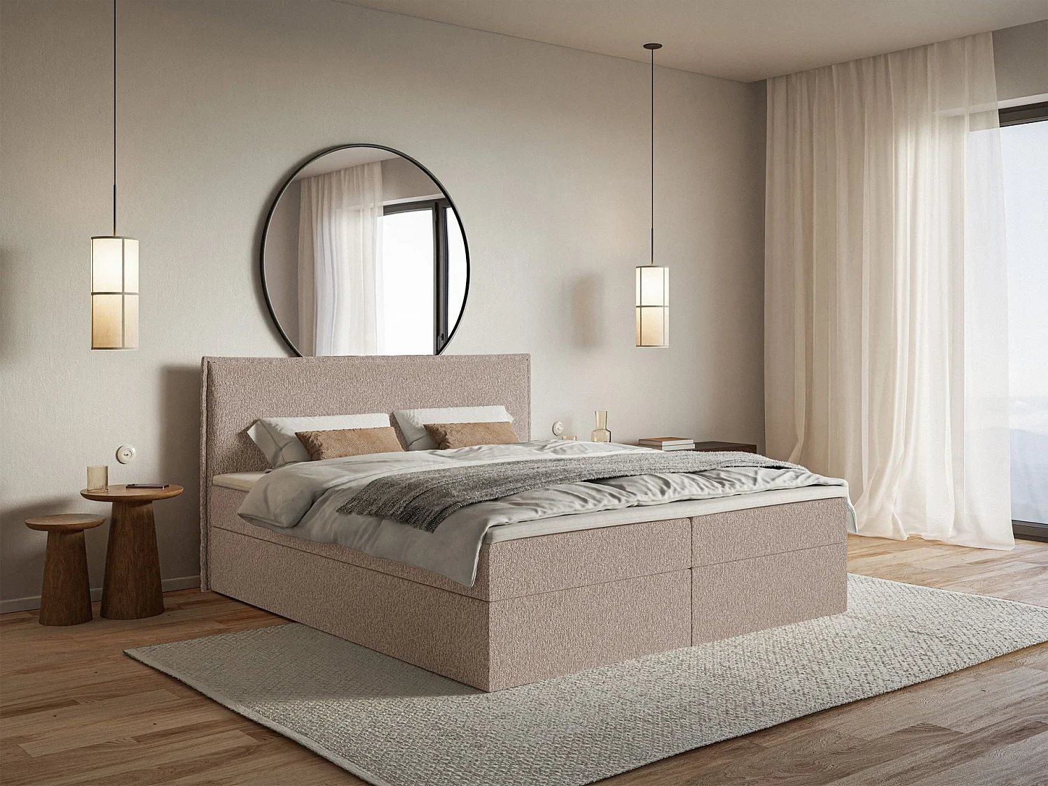 Lit boxspring 160x200 avec surmatelas – en tissu chenille – beige foncé – SOFTIE