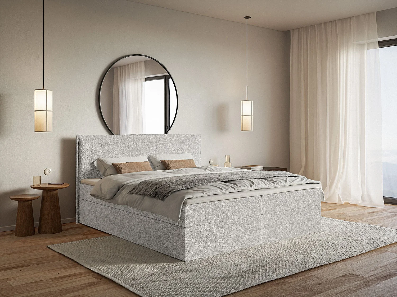 Lit boxspring 160x200 avec surmatelas – en tissu chenille – gris clair – SOFTIE