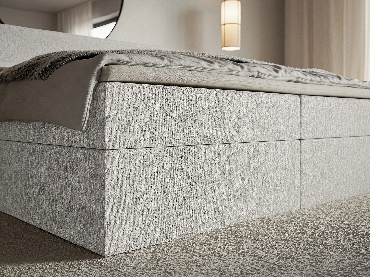 Lit boxspring 160x200 avec surmatelas – en tissu chenille – gris clair – SOFTIE