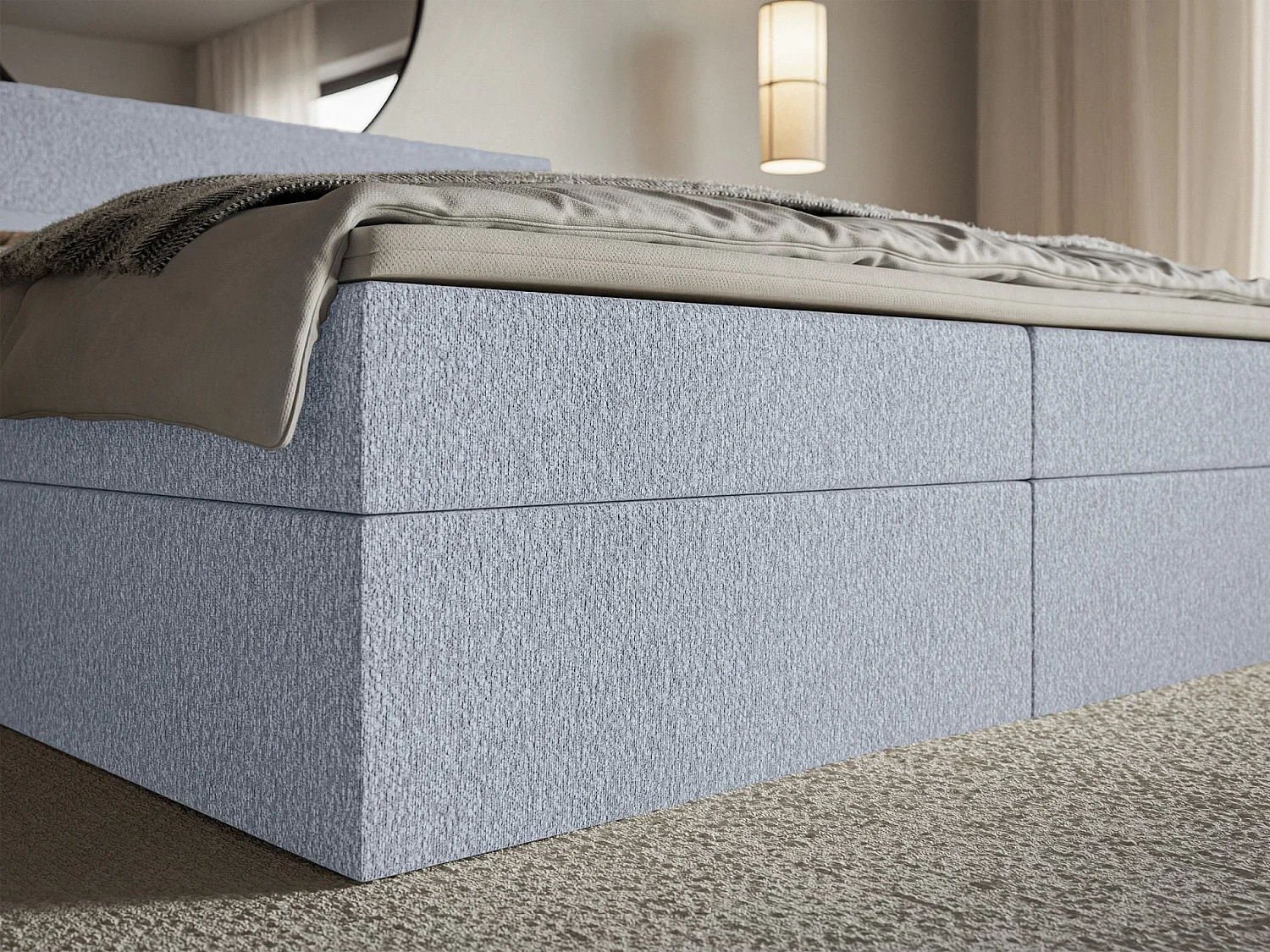 Lit boxspring 180x200 avec surmatelas – en tissu chenille – bleu ciel – SOFTIE