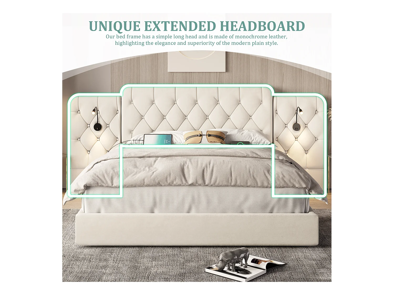 Opbergbed 180x200 cm - Extra groot fluwelen hoofdeinde - Geïntegreerd nachtlampje + USB-poorten - Stil hydraulisch mechanisme