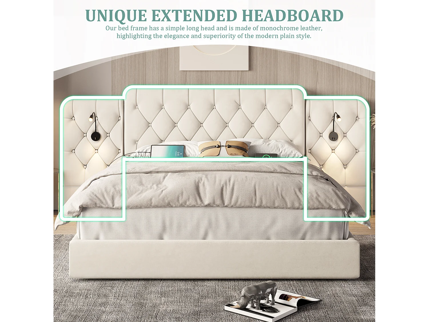 Opbergbed 180x200 cm - Extra groot fluwelen hoofdeinde - Geïntegreerd nachtlampje + USB-poorten - Stil hydraulisch mechanisme