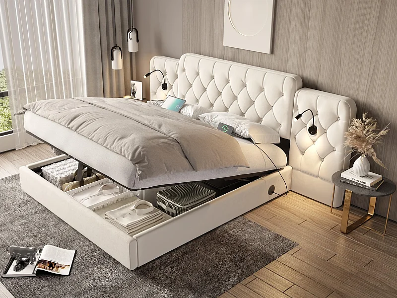 Opbergbed 180x200 cm - Extra groot fluwelen hoofdeinde - Geïntegreerd nachtlampje + USB-poorten - Stil hydraulisch mechanisme