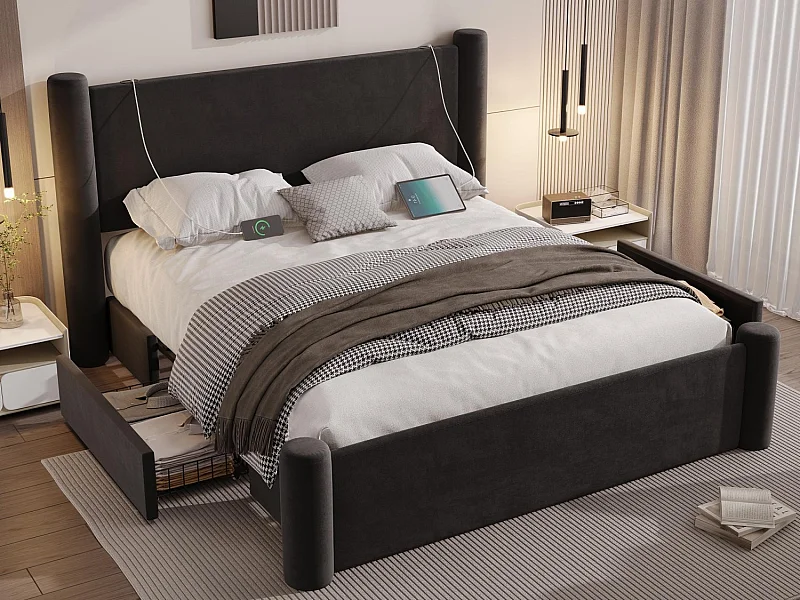 Lit coffre 160x200 cm - Lit rembourré en velours noir - avec tête de lit à colonnes - 2 tiroirs et port USB – Design élégant et pratique