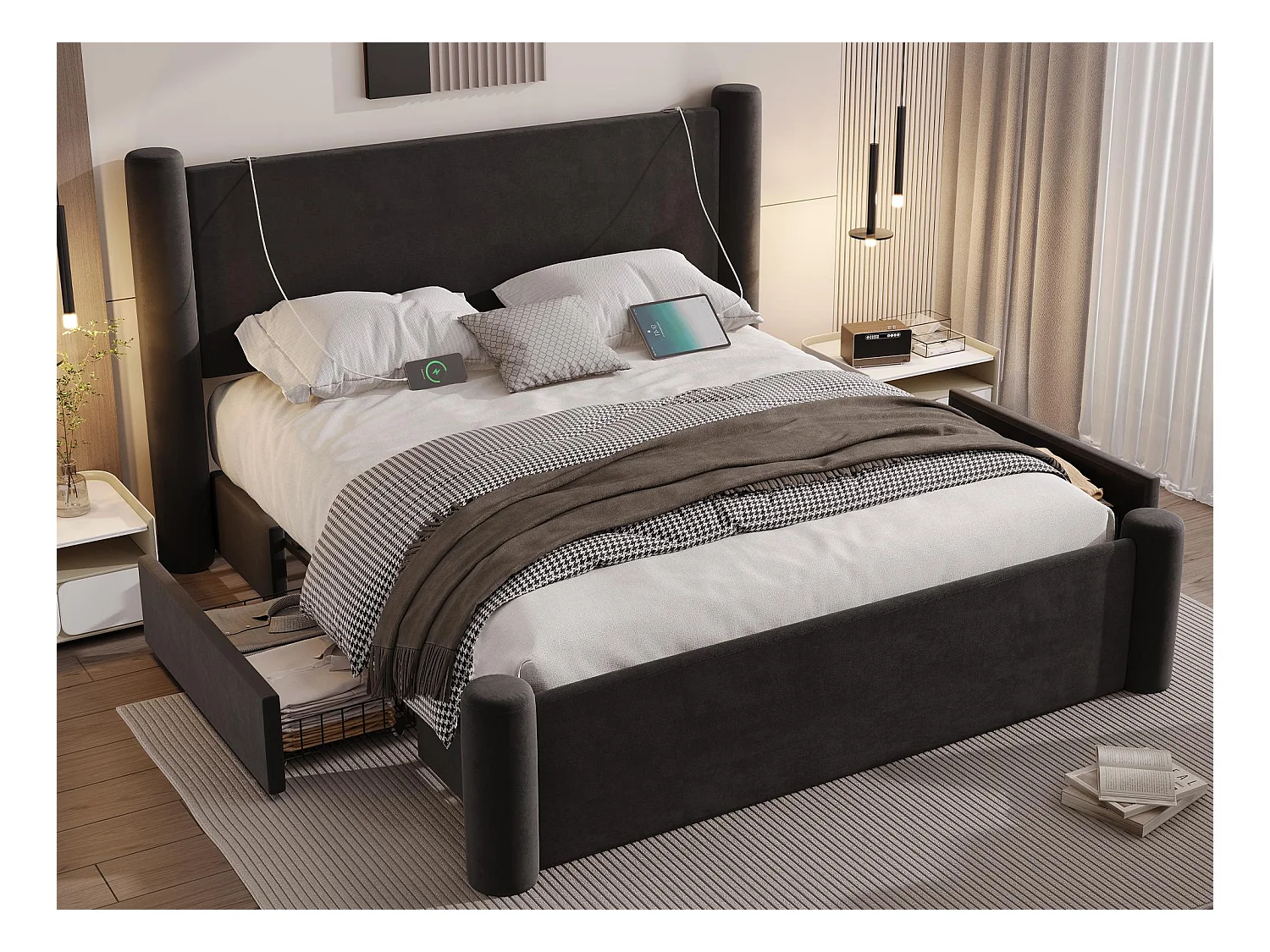 Lit coffre 160x200 cm - Lit rembourré en velours noir - avec tête de lit à colonnes - 2 tiroirs et port USB – Design élégant et pratique