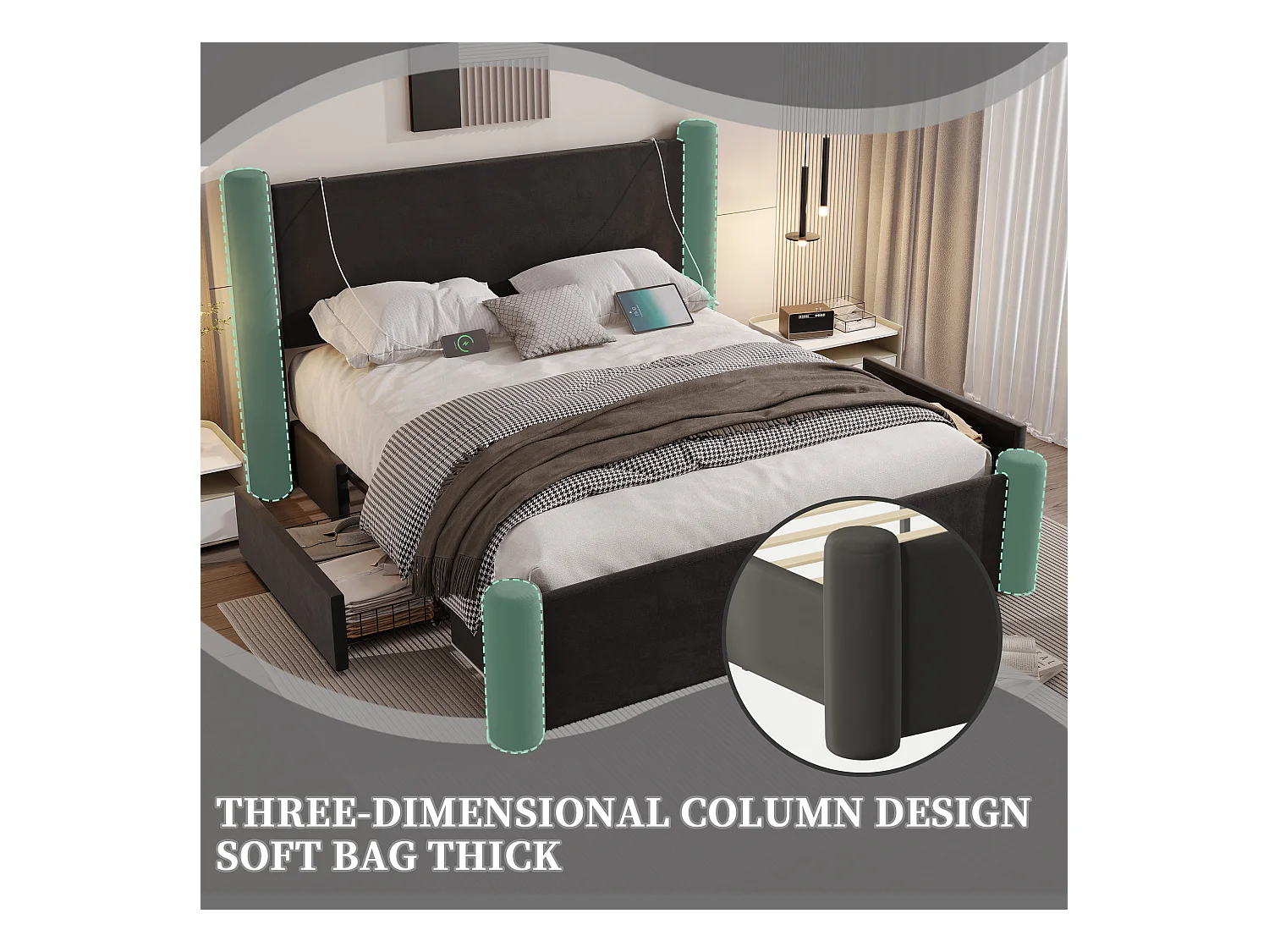 Lit coffre 160x200 cm - Lit rembourré en velours noir - avec tête de lit à colonnes - 2 tiroirs et port USB – Design élégant et pratique