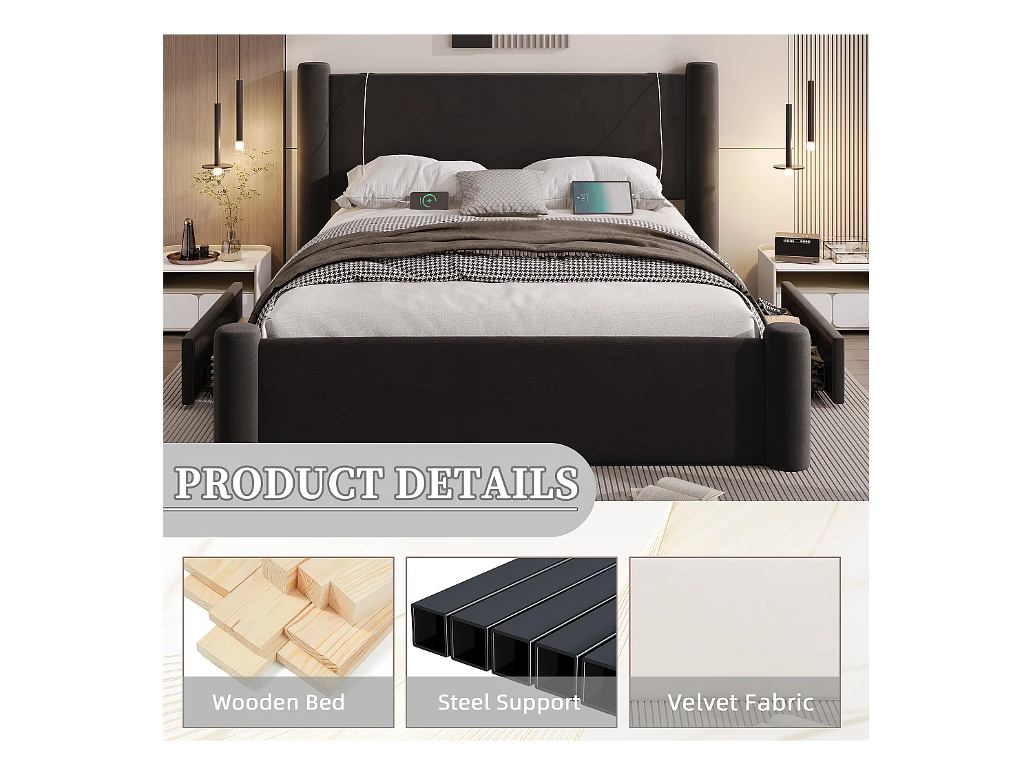 Lit coffre 160x200 cm - Lit rembourré en velours noir - avec tête de lit à colonnes - 2 tiroirs et port USB – Design élégant et pratique