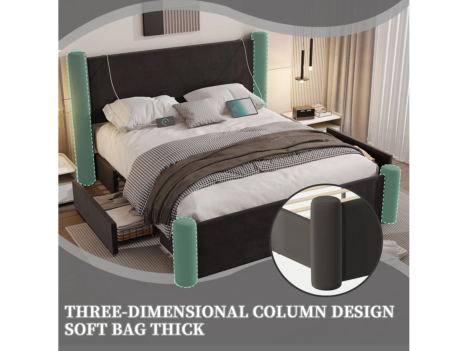 Lit coffre 160x200 cm - Lit rembourré en velours noir - avec tête de lit à colonnes - 2 tiroirs et port USB – Design élégant et pratique