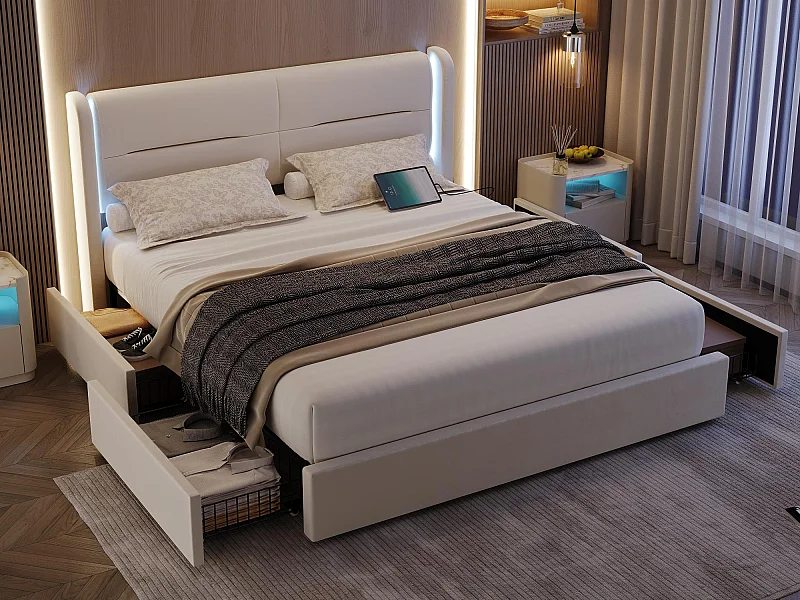 Lit Coffre 160×200 cm - Lit Rembourré en Velours Beige – Tête de Lit LED – 4 Tiroirs  – Ports USB/USB‑C – Style Contemporain
