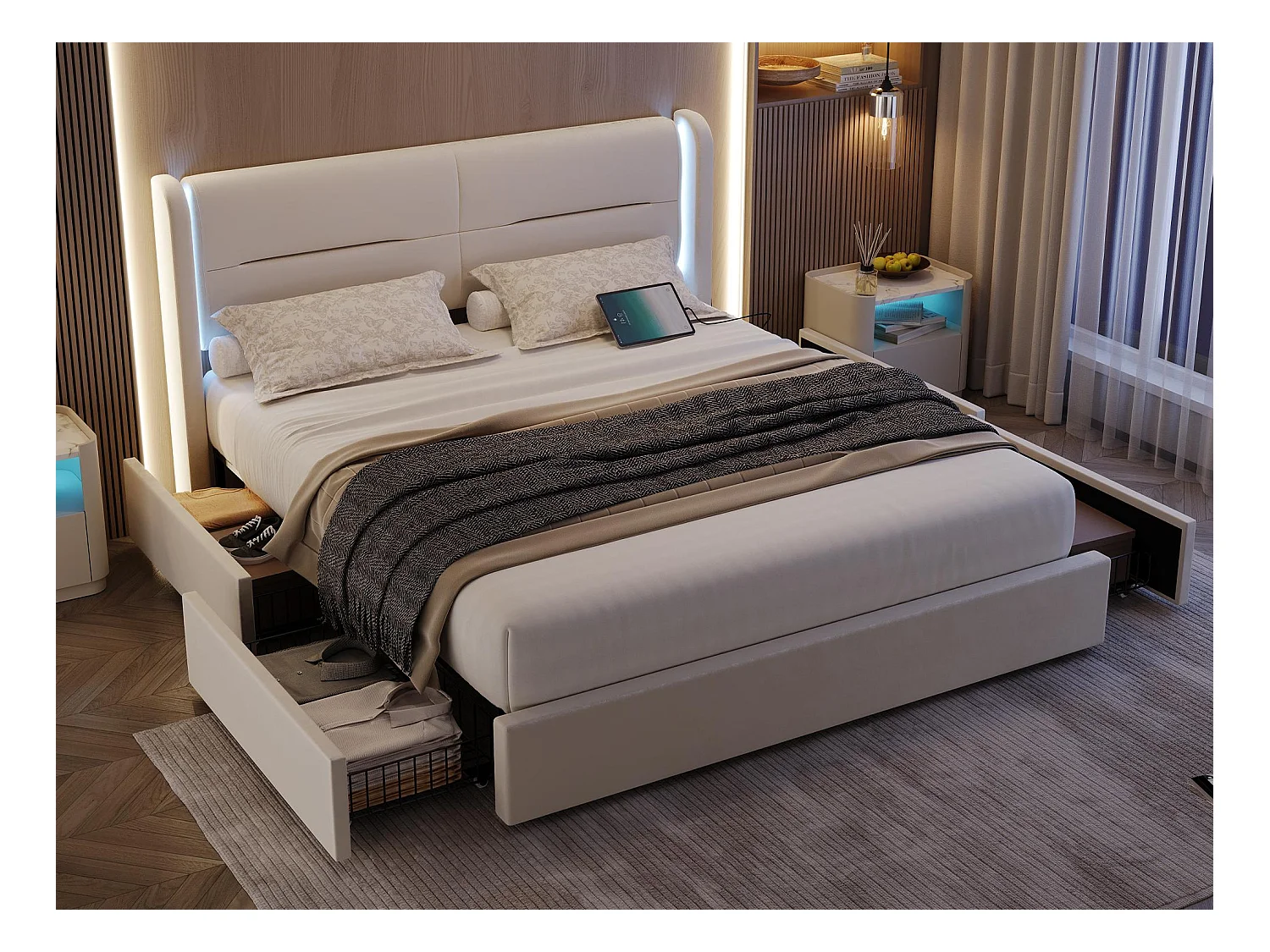 Lit Coffre 160×200 cm - Lit Rembourré en Velours Beige – Tête de Lit LED – 4 Tiroirs  – Ports USB/USB‑C – Style Contemporain
