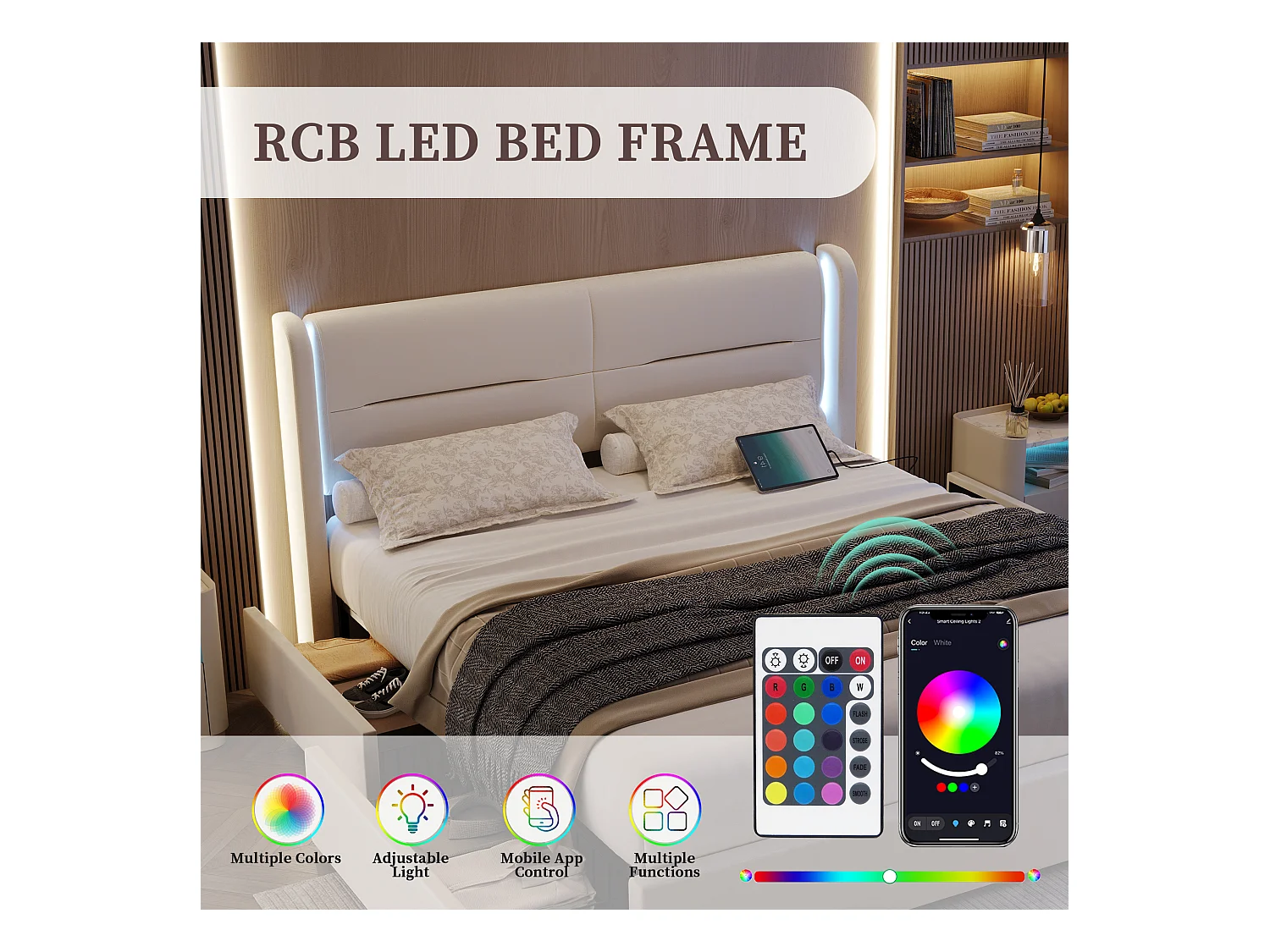 Lit Coffre 160×200 cm - Lit Rembourré en Velours Beige – Tête de Lit LED – 4 Tiroirs  – Ports USB/USB‑C – Style Contemporain