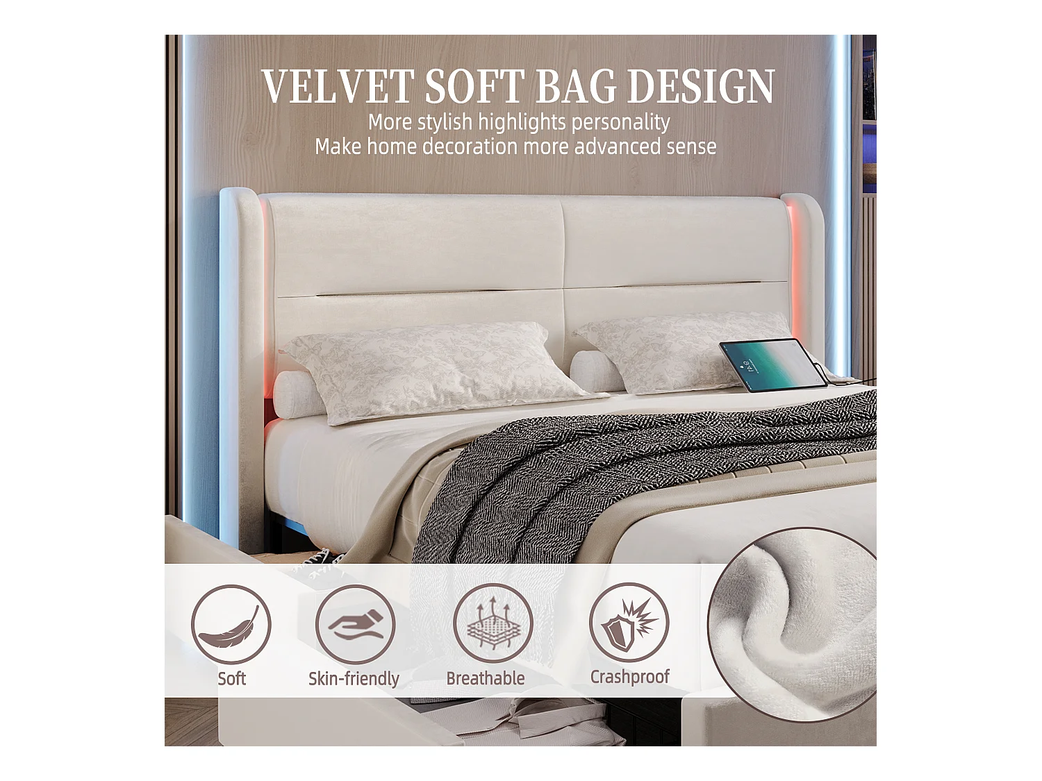 Lit Coffre 160×200 cm - Lit Rembourré en Velours Beige – Tête de Lit LED – 4 Tiroirs  – Ports USB/USB‑C – Style Contemporain