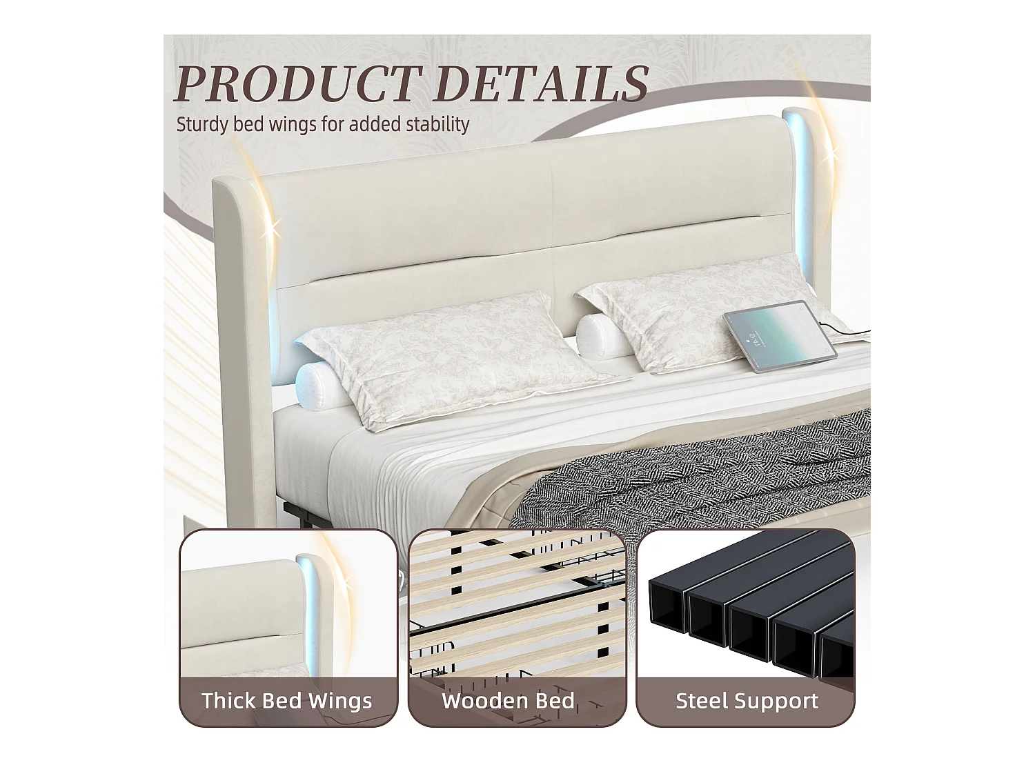 Lit Coffre 160×200 cm - Lit Rembourré en Velours Beige – Tête de Lit LED – 4 Tiroirs  – Ports USB/USB‑C – Style Contemporain